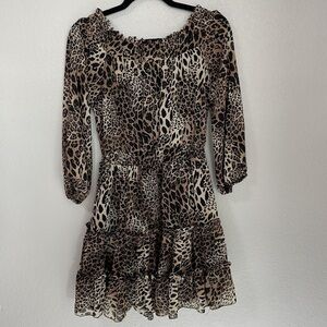 CBR Leopard Print Smocked Neck Tiered Skirt Dress Size S